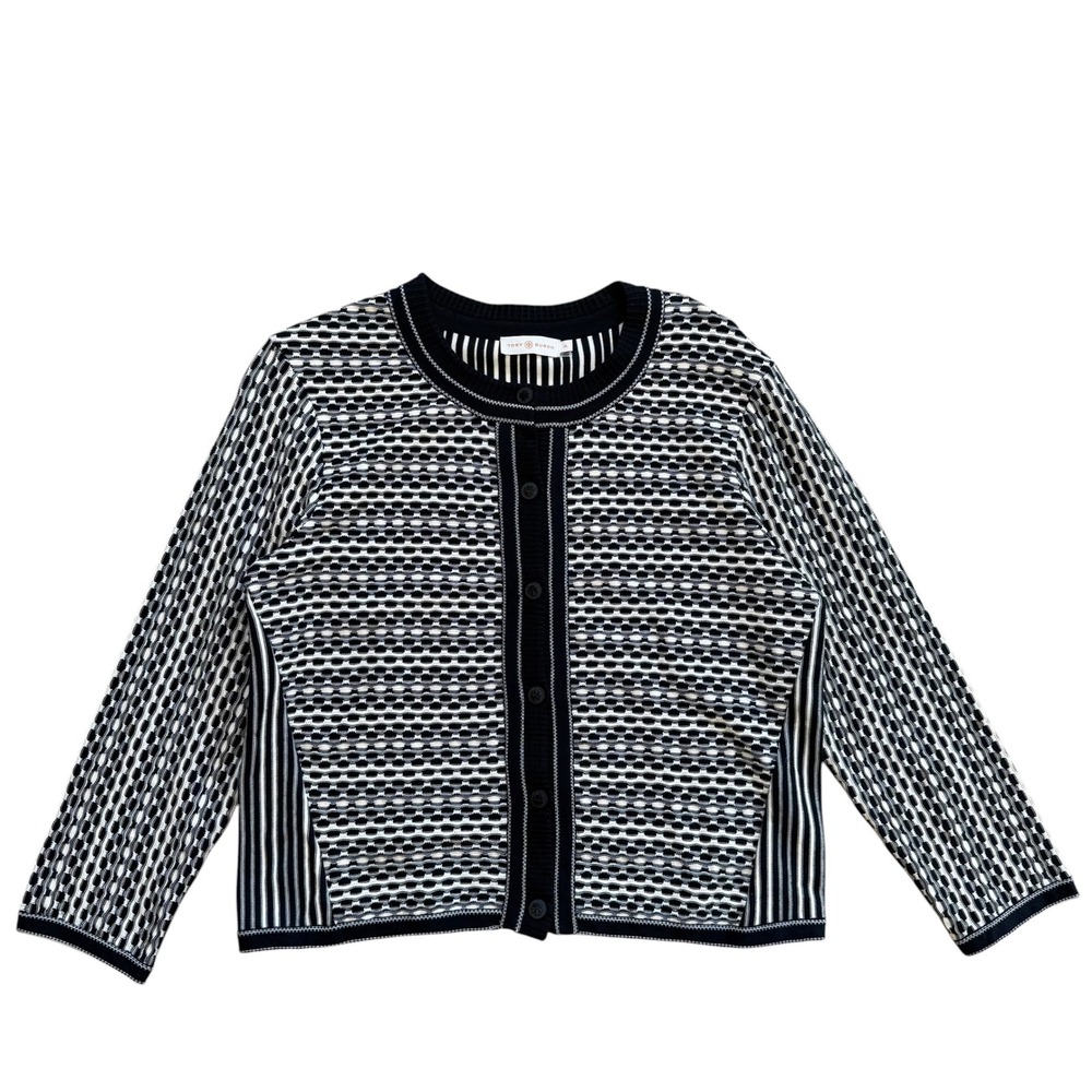 Tory Burch Black White Mixed‎ Pattern Knit Cardigan Sweater XL Cotton Blend Logo